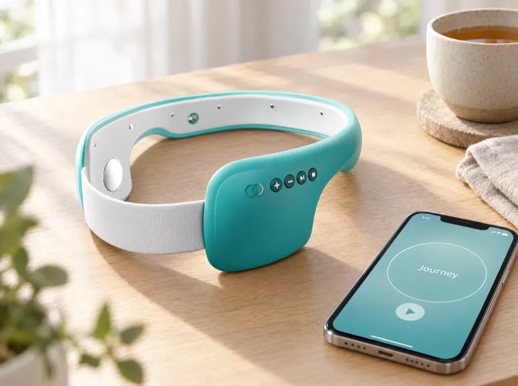 MYALO-Stirnband in der hellen Ausführung auf einem Holztisch neben einem Smartphone mit der MYALO-App