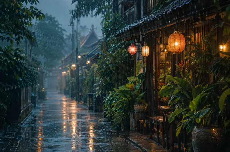 Regennasse, stille Seitenstraße in Bangkok zur blauen Stunde mit Laternen und tropischen Pflanzen