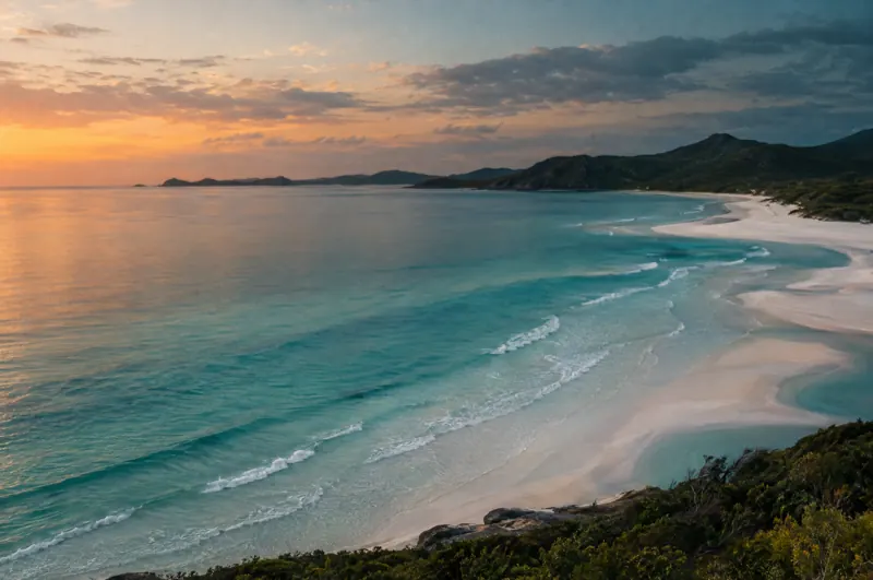 Whitehaven Beach in Australien in der Abenddämmerung mit weißem Sand und türkisem Wasser