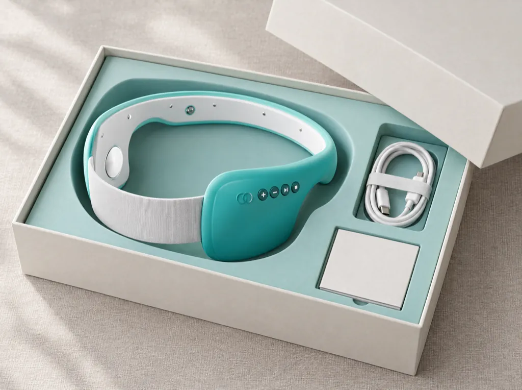 Geöffnete Verpackung mit dem MYALO-Stirnband in der hellen Ausführung und einem USB-C-Kabel